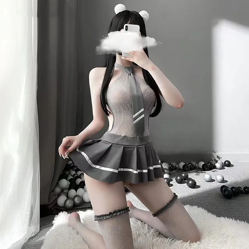 Sexy Cosplay komplet bielizny szkoły kostium dziewczęcy kobiet mundurek szkolny zestaw kostiumów do odgrywania ról sukienka Babydoll koronkowa minispódniczka