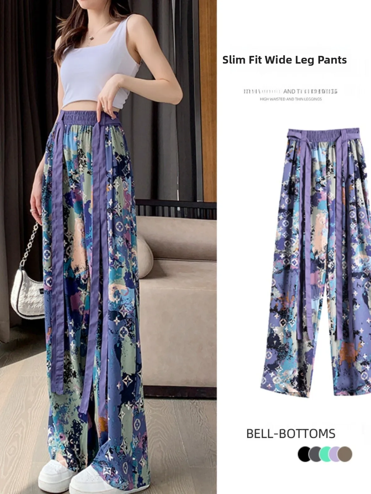 

Summer New National Style High Waist Printed Loose Wide Leg Pants Women's plus Size Slimming Draped Gauze Tie Dye Floor-Lengt...