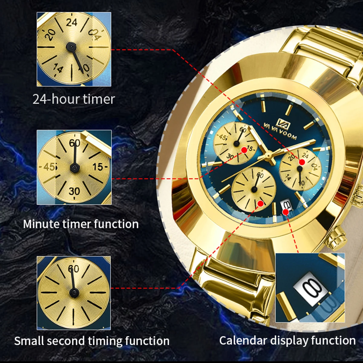 ساعة كوارتز متعددة الوظائف للرجال، حزام من الفولاذ المقاوم للصدأ، نمط عمل ذهبي أزرق، ساعة يد رياضية بيضاوية عصرية