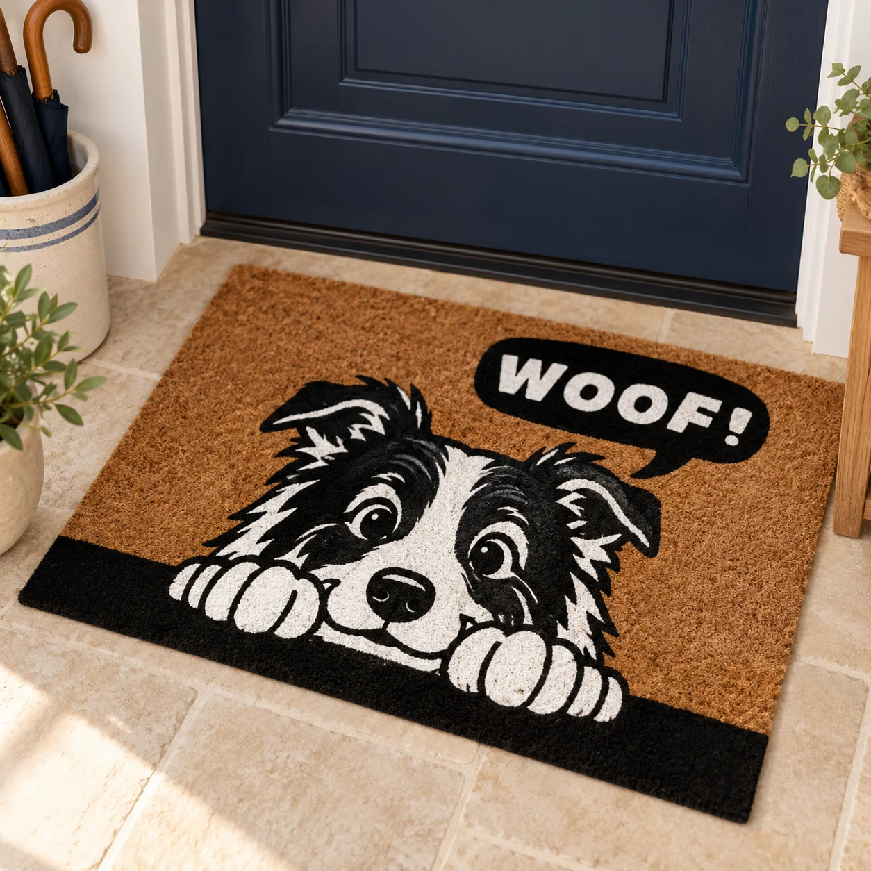 Custom Pet Welcome Mat with Dog Portrait and Name Faux Coir Look Non Slip Backing Entryway Housewarming Gift for Dog Owners