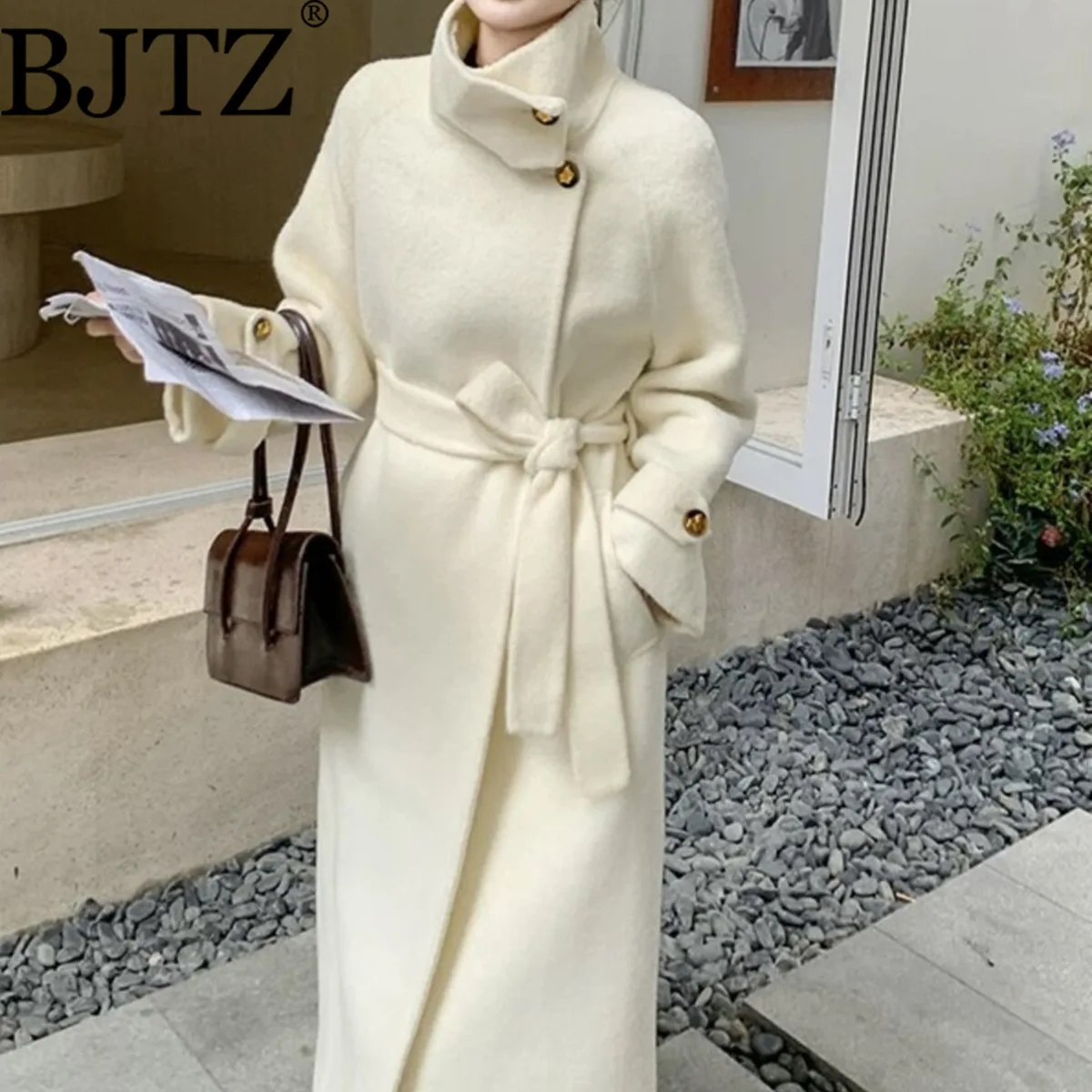 

BJTZ Women’s 2025 New Double-Faced Wool Coat Autumn Winter Stand Collar Belted Pockets Elegant High-Quality Designer Outerwear