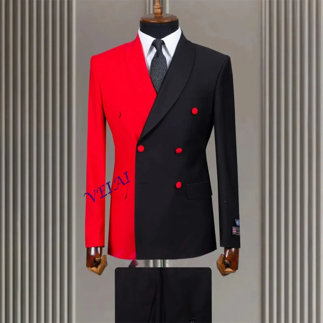 Modern Business Double Breasted Slim Fit Tuxedo 2 Piece Set Patchwork Wedding Groom Jacket Pants Customizable for Men
