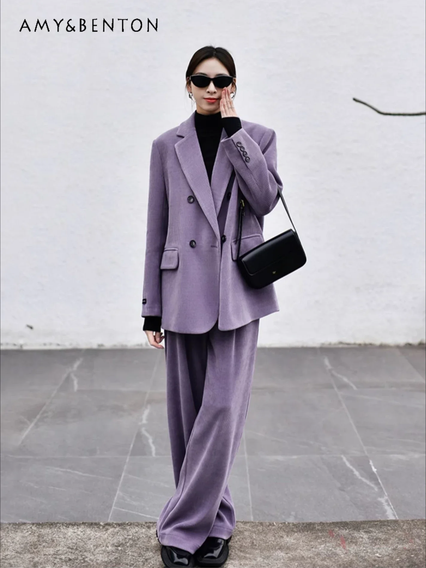 

Office Lady Corduroy Suit Autumn Winter New Retro High-end Purple Jacket Casual Wide-leg Pants Two Piece Sets Womens Outifits