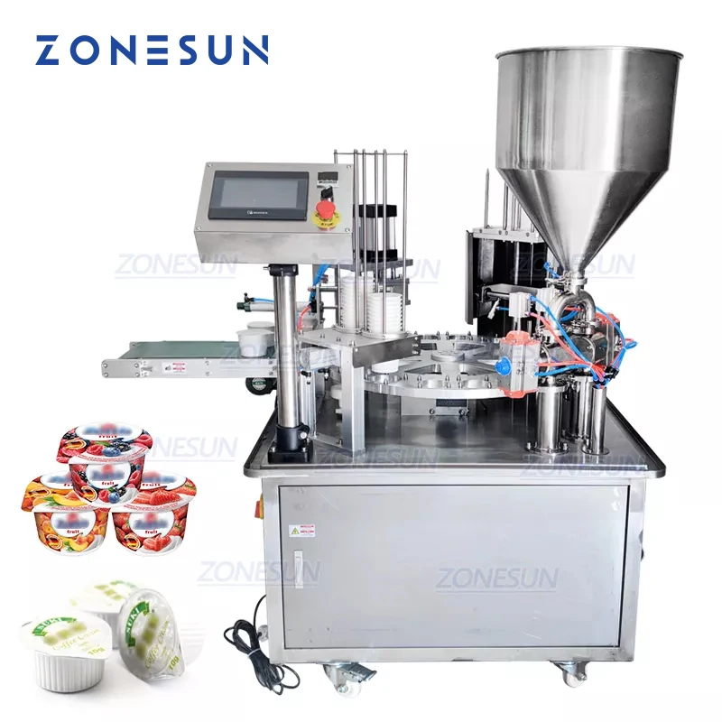 ZONESUN Automatic Jelly Yogurt Ice Cream Juice Sugar Honey Rotary Cup Discal Filling Capping Sealing Machine