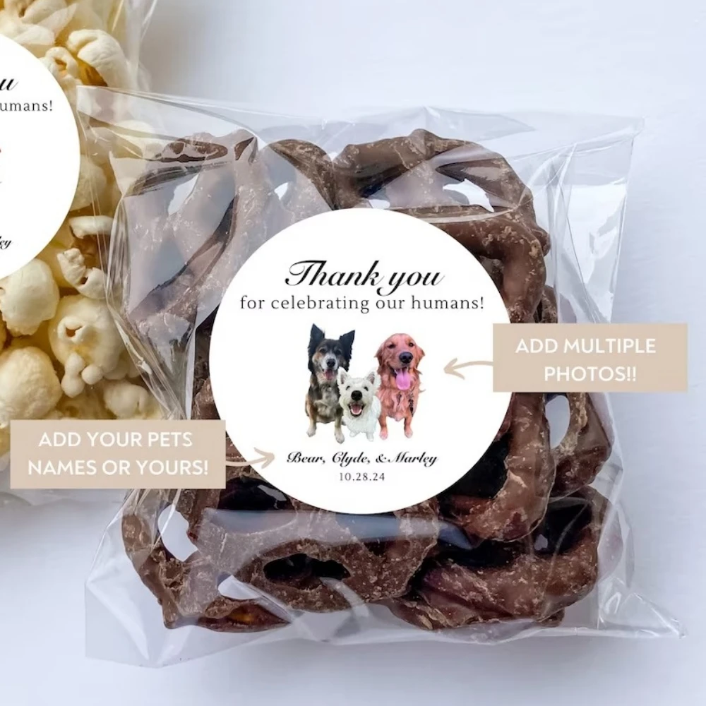 Personalized Wedding Stickers and Treat Bags, Doggie Goodie Bag, Pet Photo Favor, Custom Text, 50Pcs