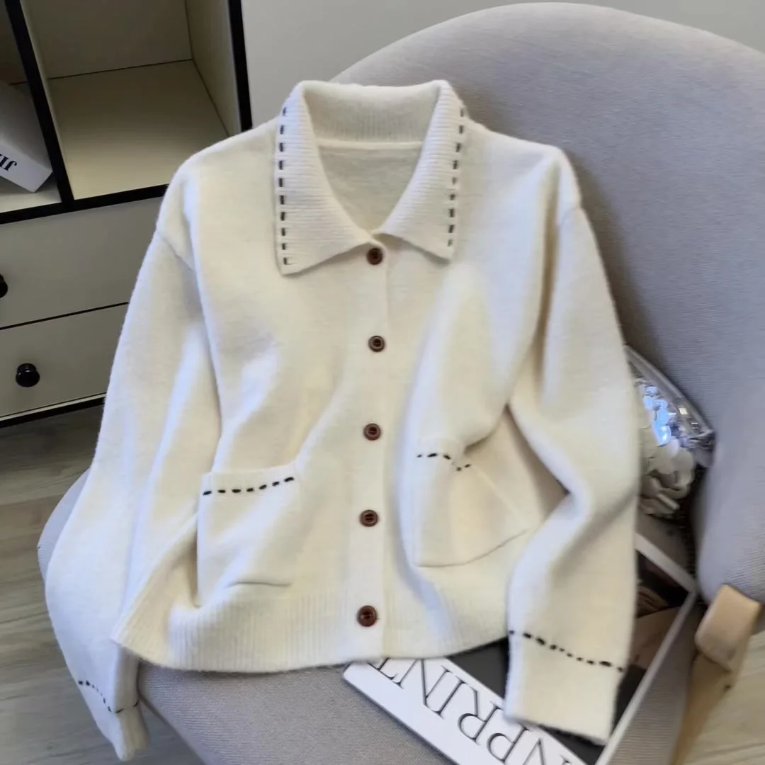 

Women's Apricot Polo-Neck Cardigan Sweater Outerwear Vintage Jumper Knit Long Sleeves Cashmere Sweater For Women 2000s Clothes