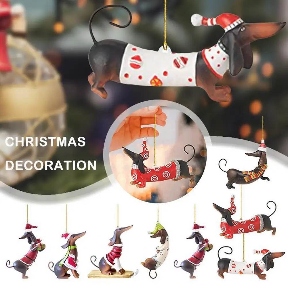 Ornement d'arbre de Noël de chien de teckel 3D, pendentif avec lanière, forme de décor de vacances festive pour la fête