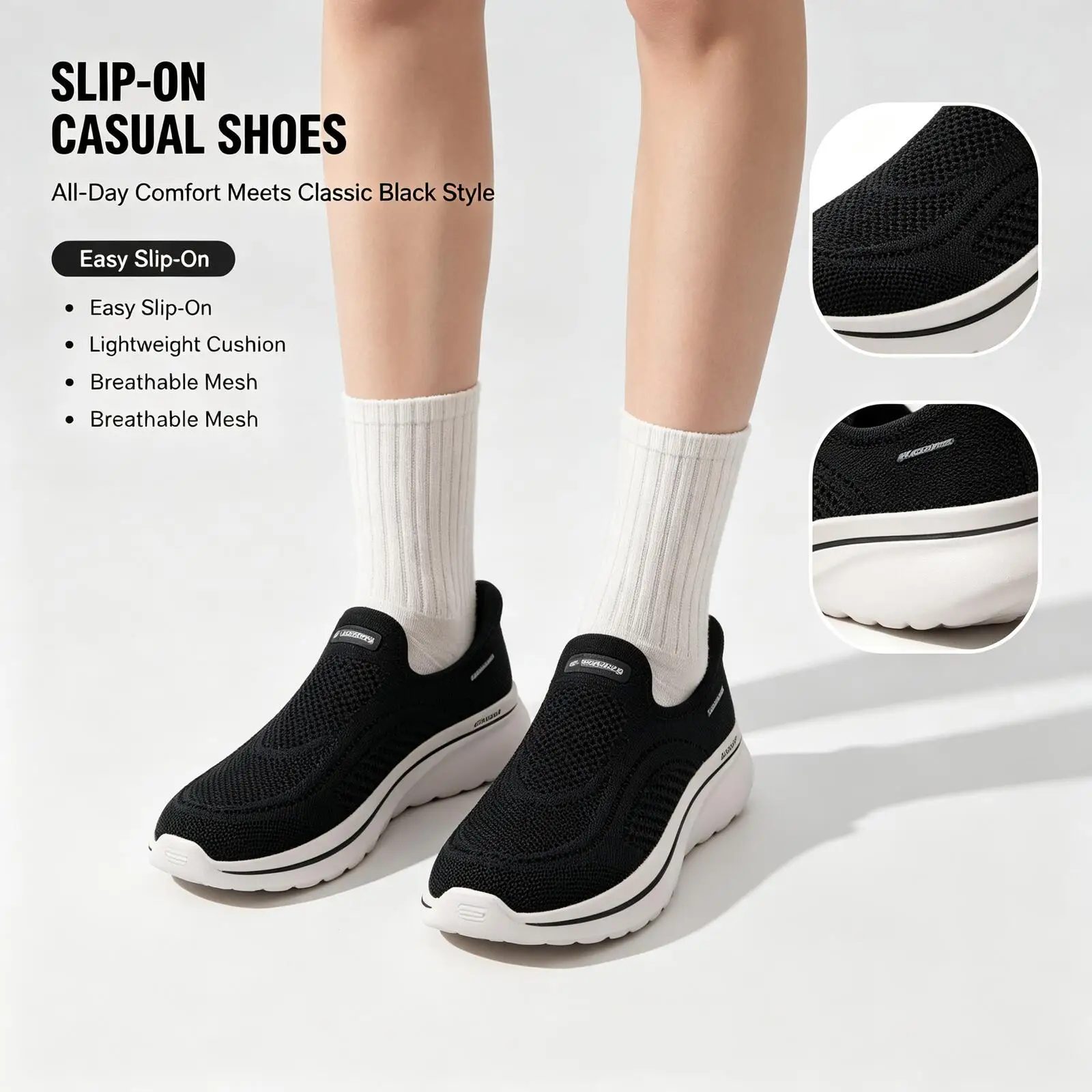 Skechers GO WALK ARCH FIT N-JOY  Slip-On Shoes Breathable Ultra-Lightweight Non-Slip Sole Easy Wear Walking Sneakers 125843-BLK
