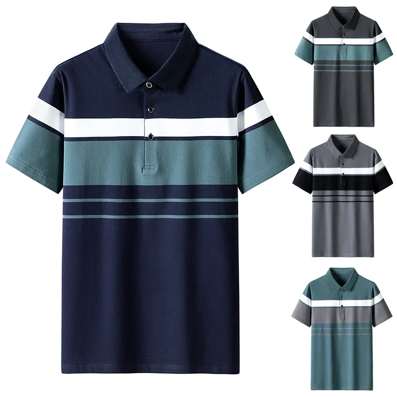 Summer Men's Polo Shirts With Short Sleeve Business Stripes Print Casual Tops Fashion Sport Wear Oversized T Shirts Man Clothes