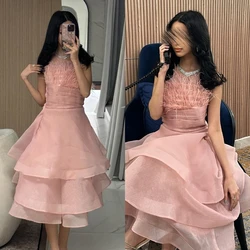 Jiayigong Sparkle Exquisite  Modern Style Strapless A-line Tiered Feathers Ankle-Length Organza Bespoke Occasion Dresses Evening