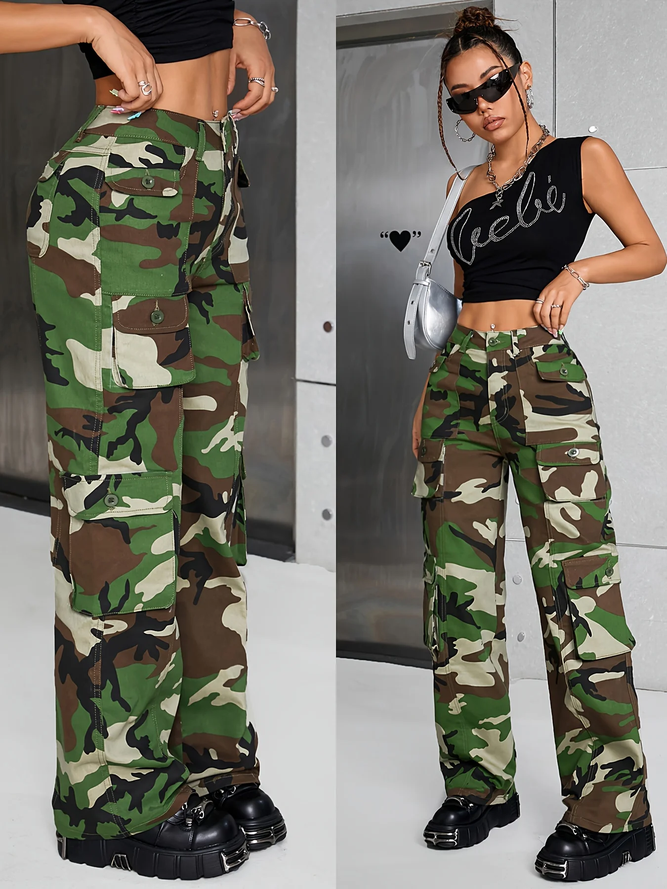 Ladies High Waist Camouflage Work Pants Multiple Pockets Straight Leg Denim Trousers