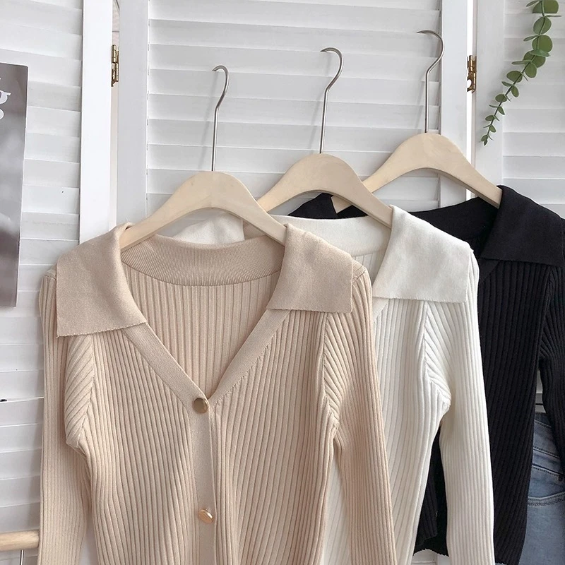 Suéteres tejidos de manga larga con cuello vuelto para mujer, cárdigans cortos ajustados de Color sólido con una hilera de botones, novedad de Otoño de 2026