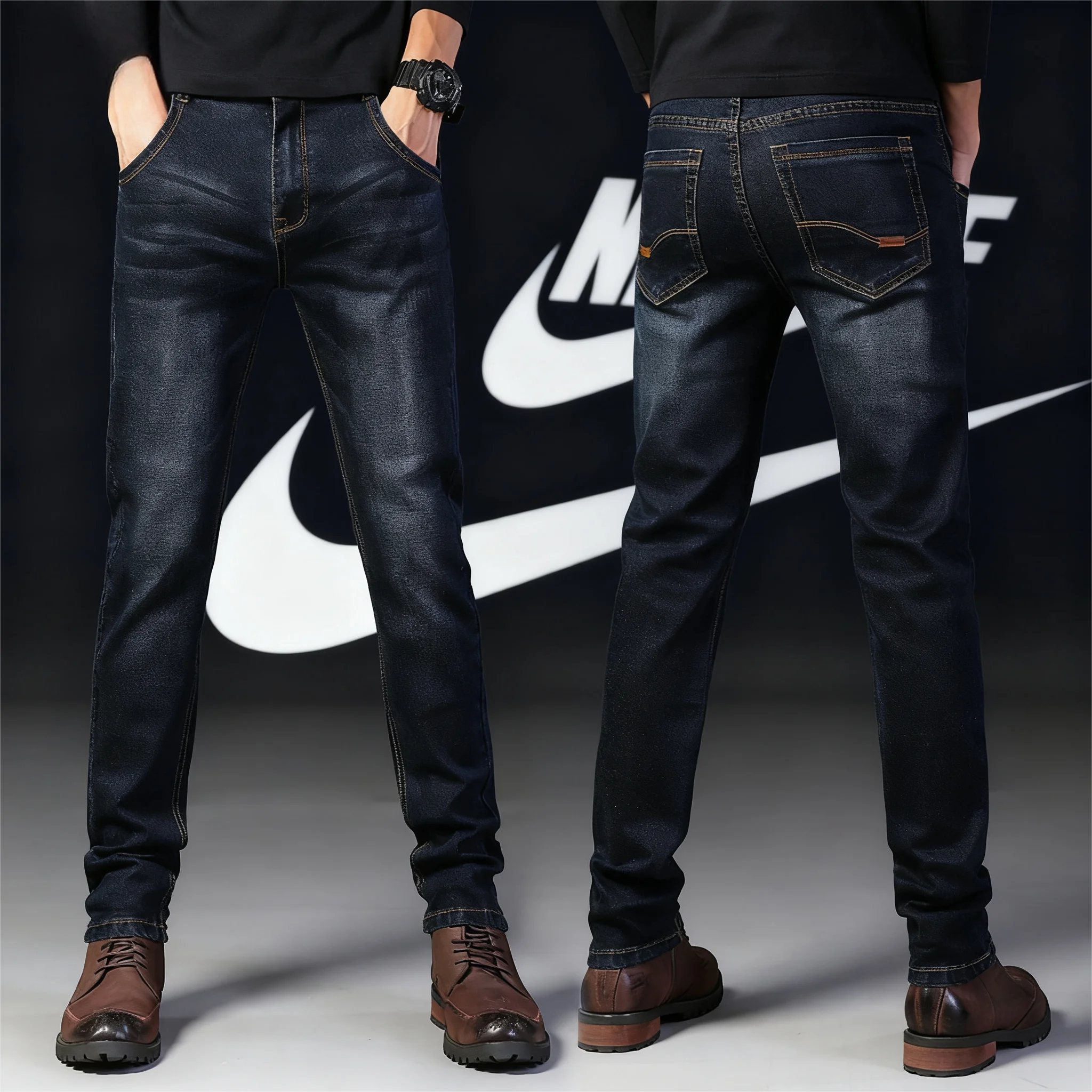 กางเกงยีนส์ผู้ชายทรงตรงแบบคลาสสิกสำหรับฤดูใบไม้ร่วง ผ้าฝ้ายยืด สไตล์ลำลองธุรกิจ สีดำ สีน้ำเงิน
