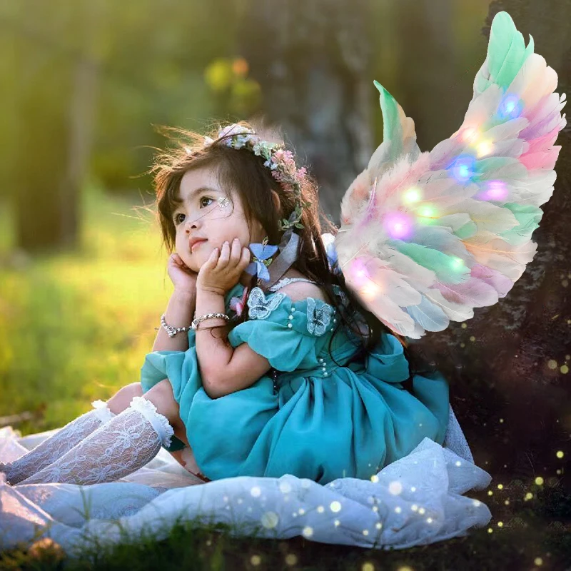 Kids LED Colour Angel Feather Wings Costume Props Luminous Unicorn Halo Headband Fairy Stick Party Glowing Accessory Baby Shower