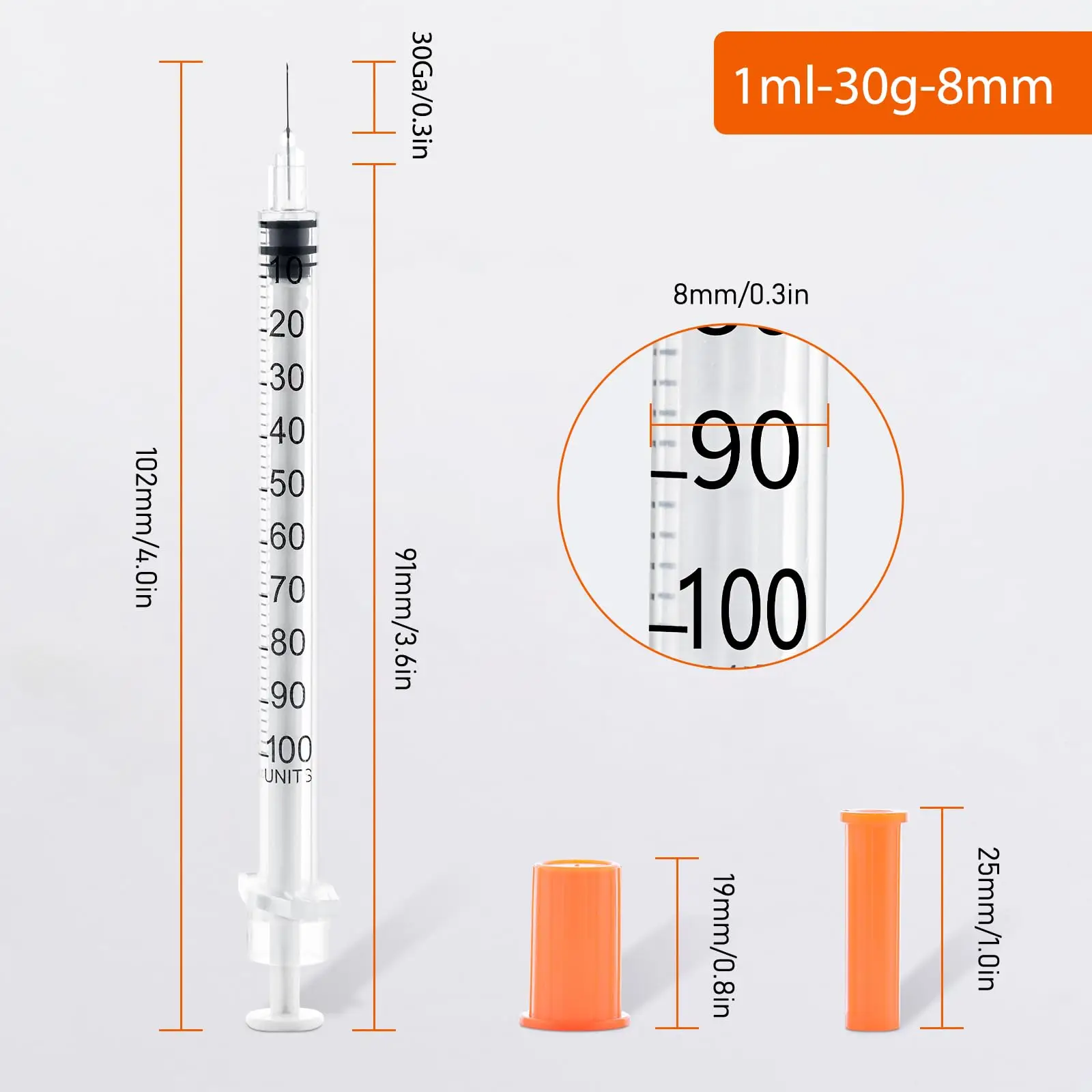 100 siringhe sterili monouso da 1 ml con ago in acciaio inossidabile 30Ga 8 mm, confezionate singolarmente per strumenti di misurazione da laboratorio, alimentazione degli animali domestici