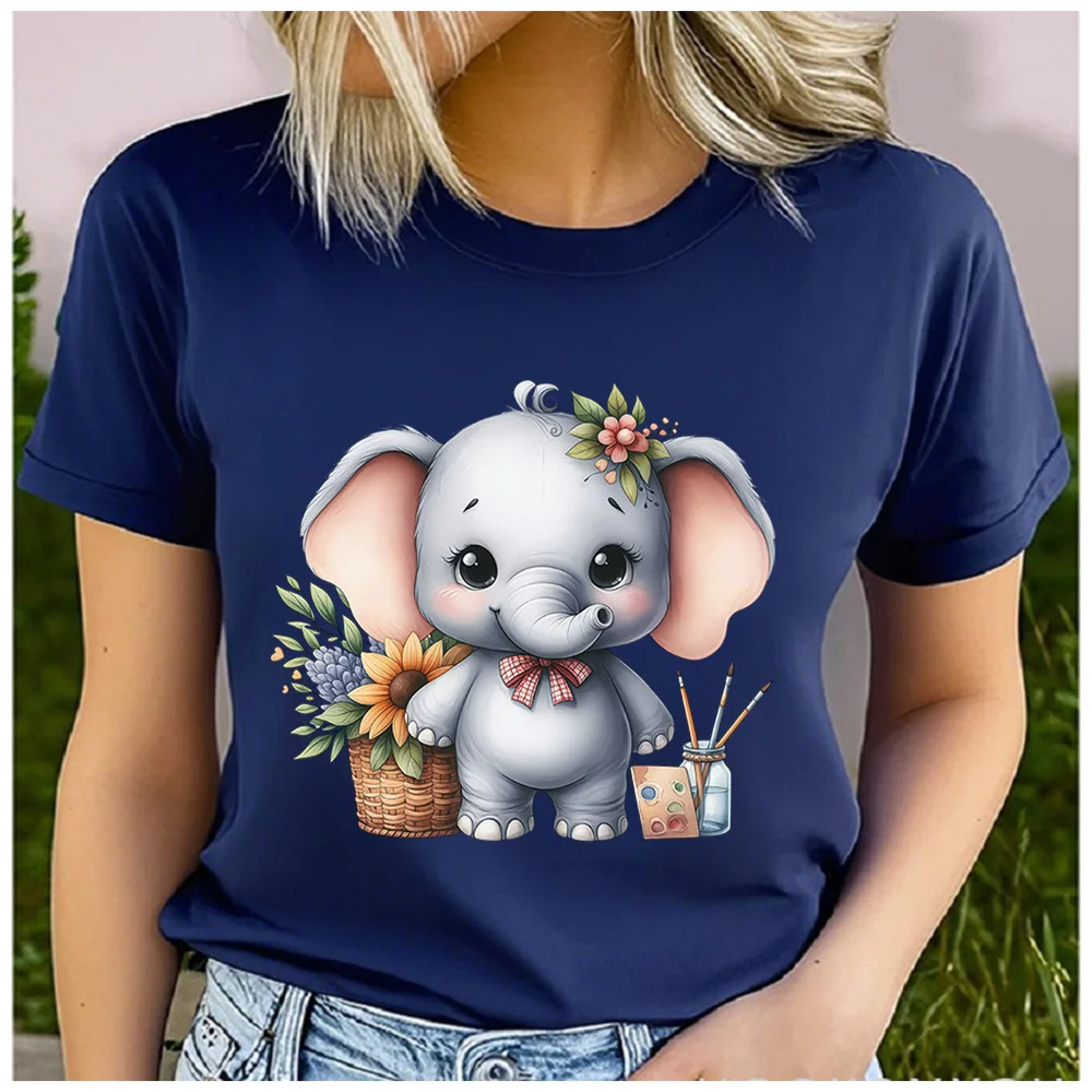 Cotton100% Unisex Cute Artist Baby Elephant Floral Print T‑Shirt Short Sleeve O‑Neck Casual Loose Summer Streetwear Daily Tee