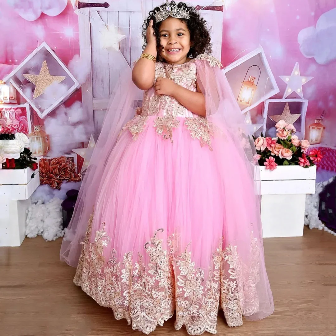 

Customized Pink Flower Girl Dress Gold Floral Embroidery With Shawel Sleeveless For Wedding Birthday Party Banquet Princess Gown