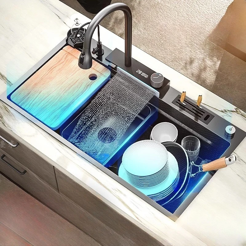 86x48CM Black Single Bowl Stainless Steel Kitchen Sink With Pull-out Faucet Modern Design For Hotel Kitchen