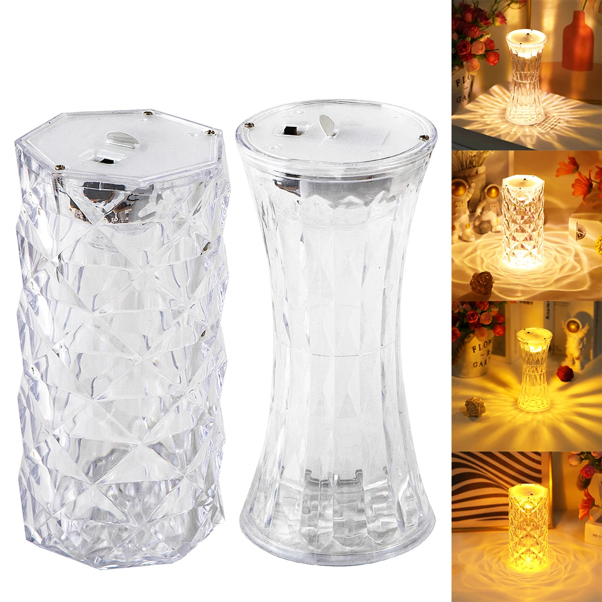 LED 3D Efeito Diamante Atmosfera Lâmpada, Candeeiro De Mesa De Cristal, USB Touch Night Light, Overflow para Decoração Do Quarto