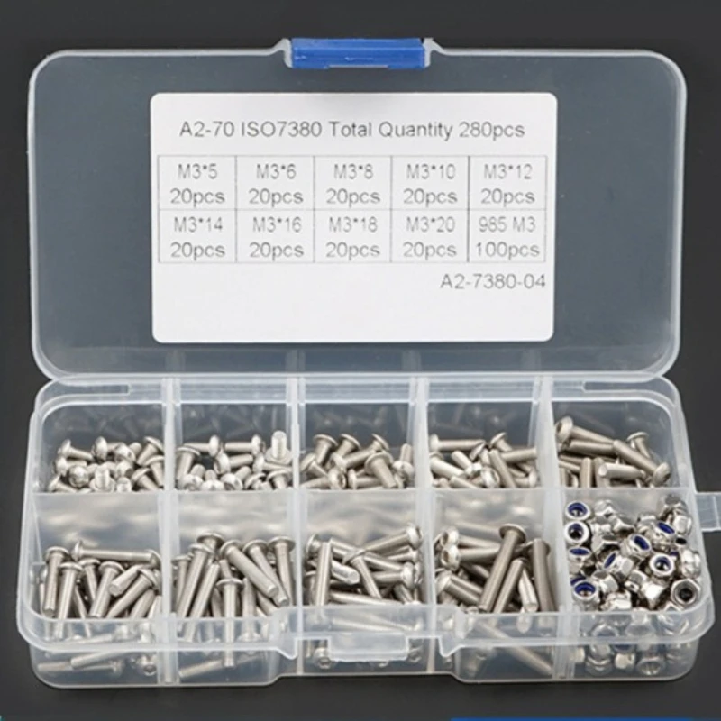 

280Pcs M3 screw set 304 Stainless Steel Allen Hexagon Hex Socket cap Button Round pan Head Screw Bolt Nut Assortment Kit M3*5/6