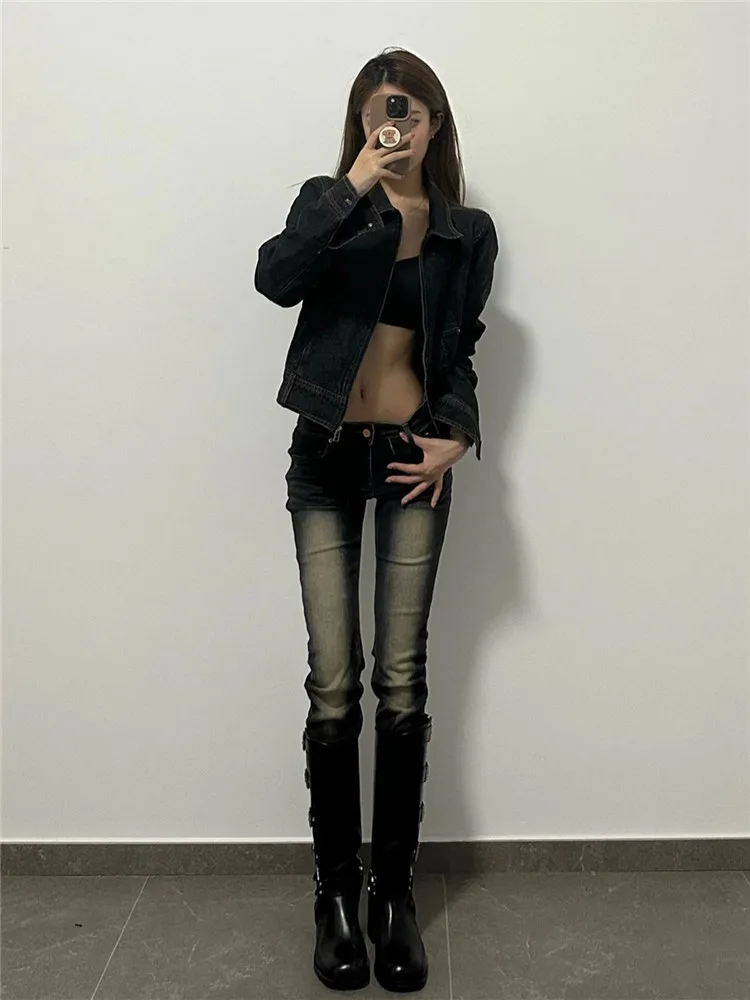 

Женские джинсы с низкой талией, прямые, облегающие, эластичные, удлиненные, в американском ретро-стиле, темно-синие, осенняя коллекция