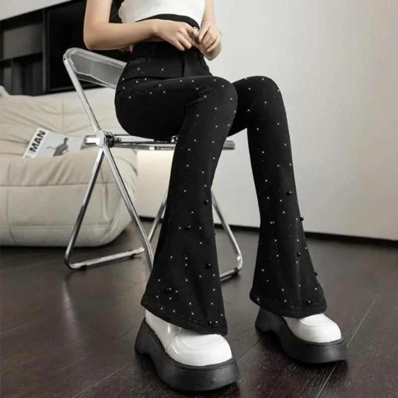 Korean Fashion Nail Bead High Elasticity Jeans 2024 Women's Autumn New Heavy Industry Micro Pull Pants Female Clothing