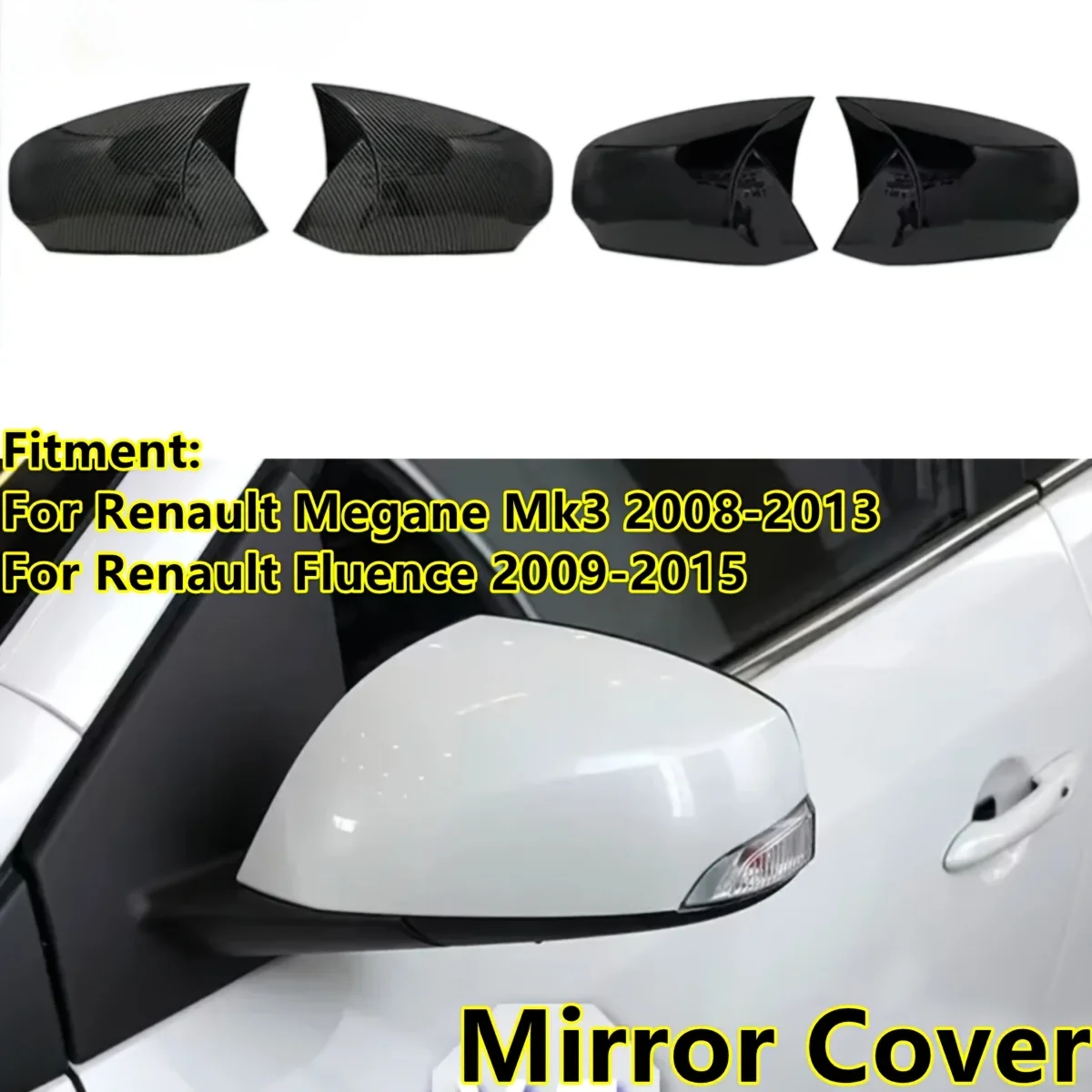 For Renault Megane III MK3 Fluence 2008-2015 Gloss Black/Carbon Fiber Look Wing Side Mirror Cover Caps Car Accessories