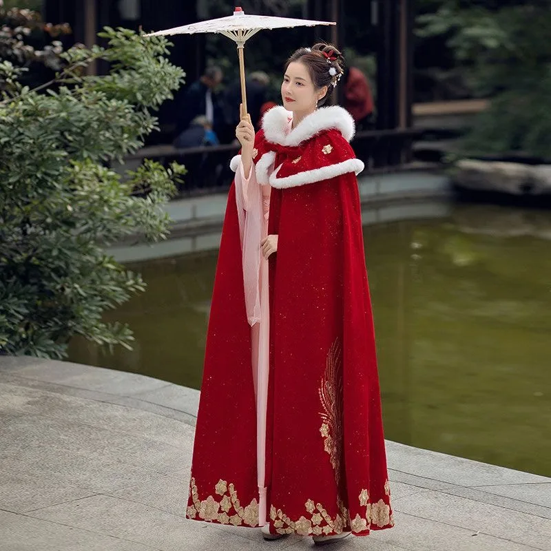 

Doupeng Hanfu женское зимнее красное платье Xiuhe, накидка с длинным меховым воротником, платье в древнем стиле, шаль с добавлением флиса, утолщенное тепло