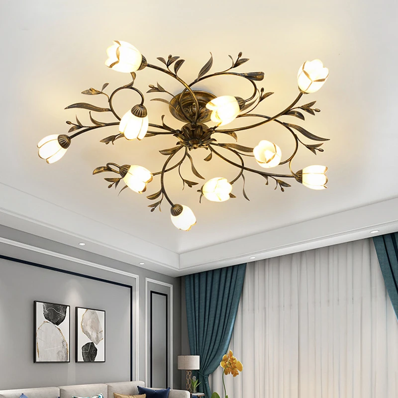 French Pastoral Style Princess Room Decorative Ceiling Lamp Iron Art European Retro Flower Design for Villa Hotel LED Lighting