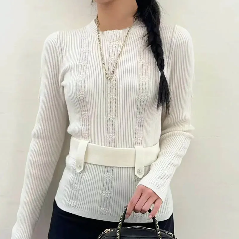 Women Floral Crochet Pattern Knitting Sweater Fashion Elegant O-neck Long Sleeve Slim Belt Cute Pullover Knitwear 25 New Spring