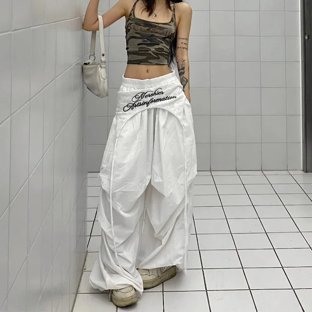 Women's Hip-hop Pants American Streetwear Layered Wide Leg Pants, Summer Breathable Cargo Trousers for Dance & Street Fashion