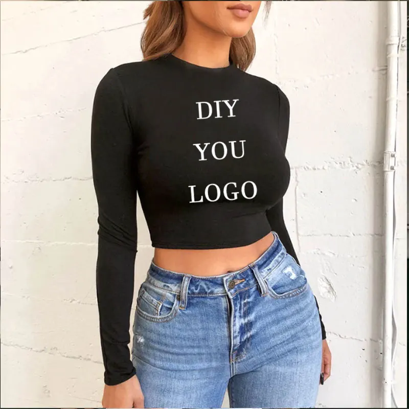 Custom Your Own Design Print Long Sleeve Womens Tshirt Casual Black White Fashion Crop T Shirt Ladies Fashion Korean Tee Shirt