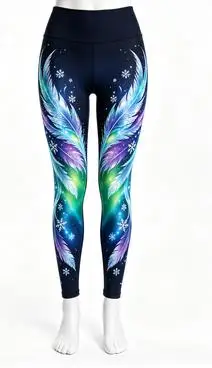 Women's Mid Waist Fleece Lined Leggings Gradient Purple Feather Print Slim Fit Stretch Long Pants - view 4