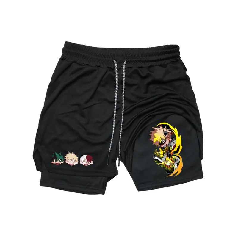 

Мужские спортивные шорты 2в1 Katsuki Bakugo, дышащие повседневные быстросохнущие двухслойные шорты, летняя спортивная одежда для бега, низ M-3XL