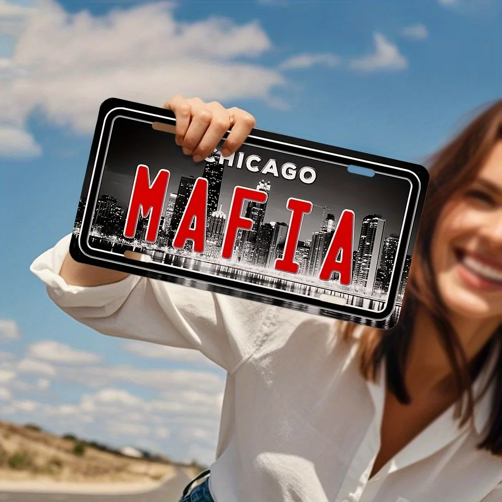 HD Aluminum Metal Sign, Chicago Mafia Vintage License Plate Style Wall Decor, Retro City Skyline Waterproof UV Protected Tin Pos