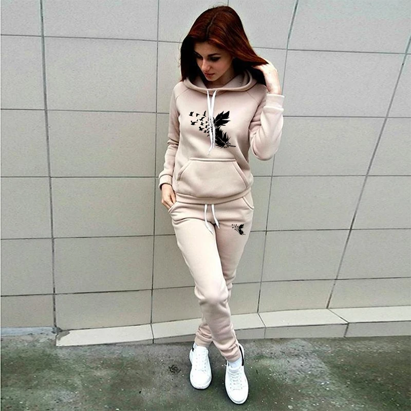 Women\'s solid color printed hoodie+sports pants two-piece sportswear track suit hooded jogging pants sports suit