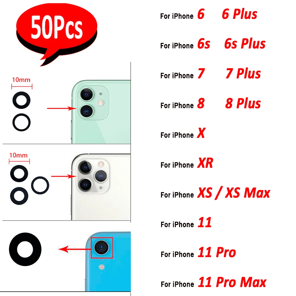 50Pcs，NEW Rear Back Camera Glass Lens For IPhone 6 7 8 6S Plus X XR XS Max 11 Pro Max Rear Camera Glass With Glue Adhesive