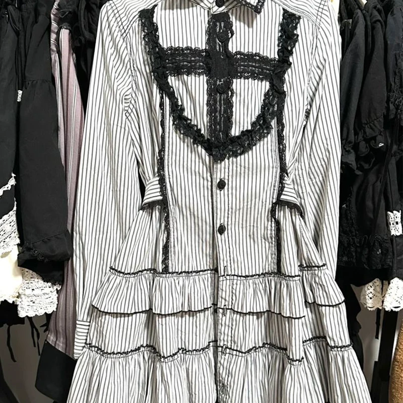โกธิคลายชุดผู้หญิงวินเทจลูกไม้เย็บปะติดปะต่อแขนยาวชุดญี่ปุ่นหวานกระโหลกสไตล์ลูกไม้ขึ้นสายเสื้อVestidos