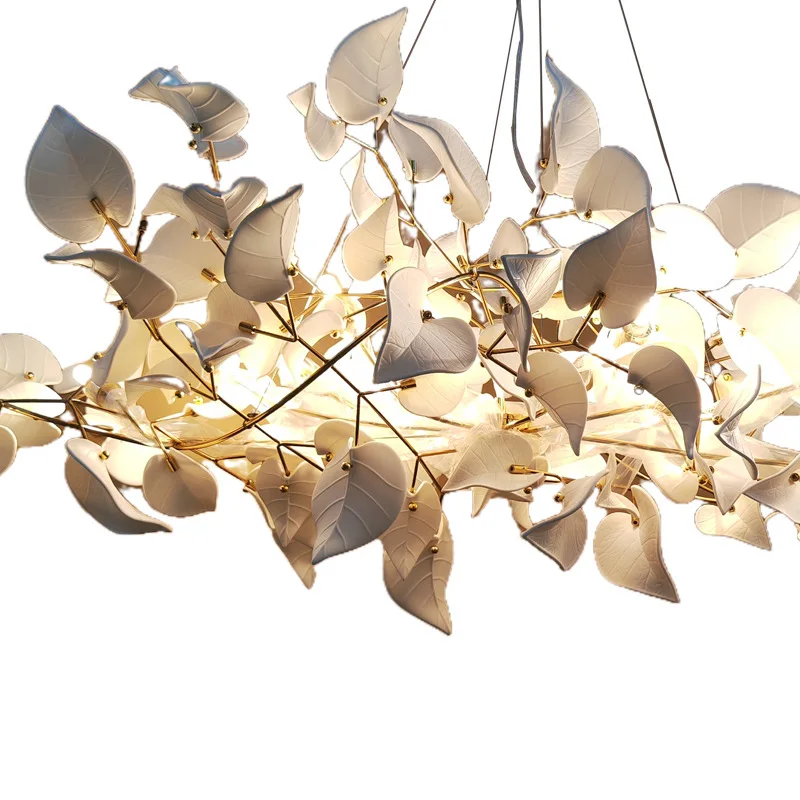 

All-copper ceramic chandelier light luxury jade porcelain leaf villa duplex new Chinese chandelier tree branches new art