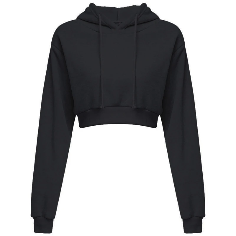 Fashion Womens Sexy Casual Long Sleeve Hooded Short Sweatshirt Plain Crop Tops Pullover Hooded Sweatshirt