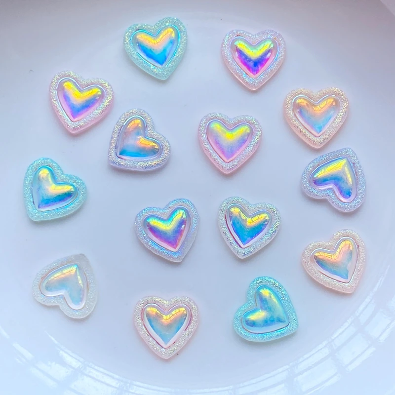 50Pcs New Cute Mini Shining Heart Series Resin Figurine Crafts Flatback Cabochon Ornament Jewelry Making Hairwear Accessories