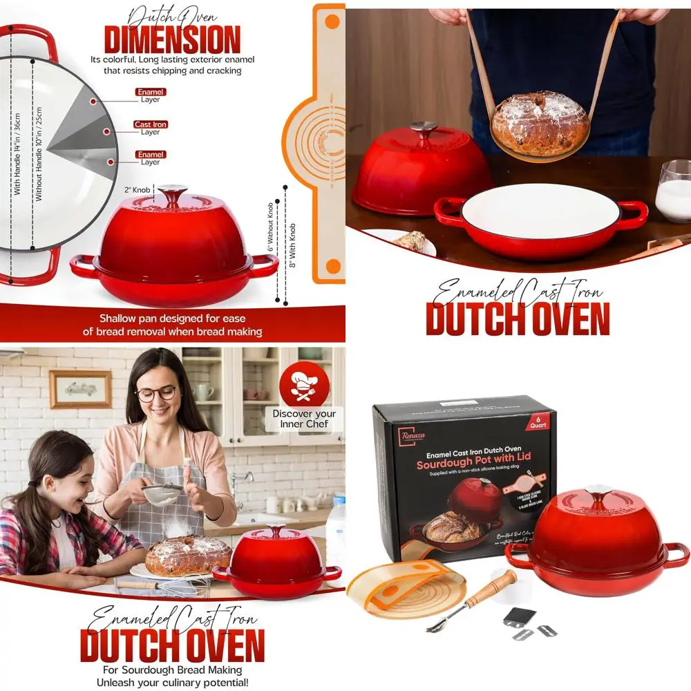

10-inch Cast Iron Dutch Oven with Enamel Coating, Perfect for Sourdough Baking, Casseroles, and More, Includes Bread Lame and Si