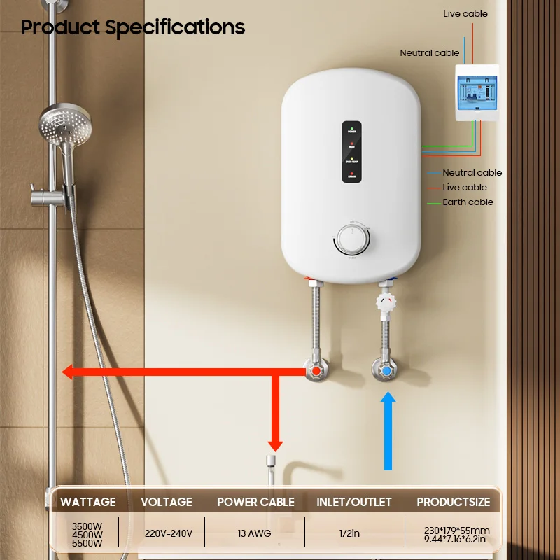 Mini geyser termostático instantâneo elétrico, 5500w, plástico, sem tanque, aquecedor de água quente para cozinha, rv, uso doméstico ao ar livre