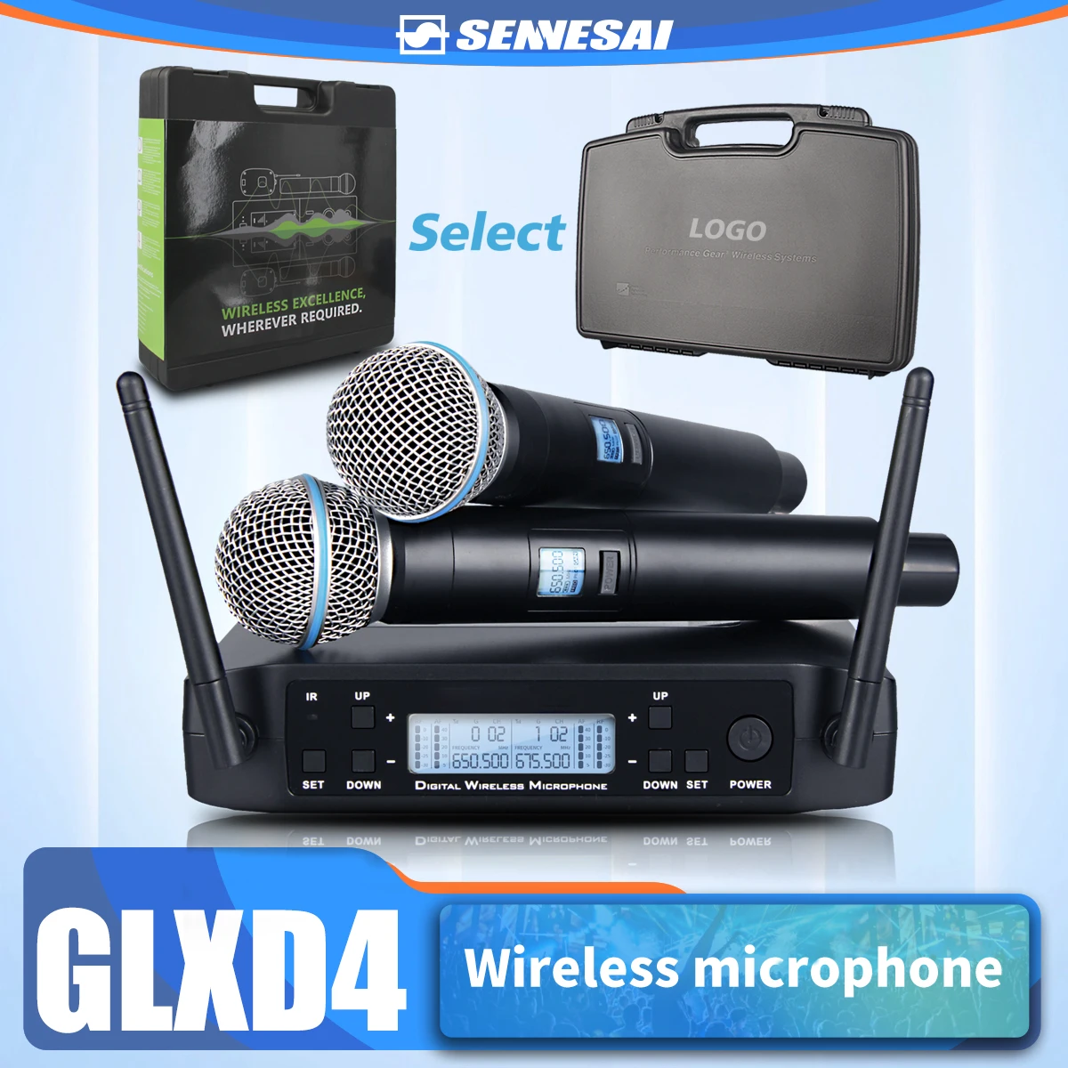 

SENNESAI GLXD4 Professional Dual Wireless Microphone 600-699mhz System Stage Performances UHF Dynamic 2 Channel Handheld