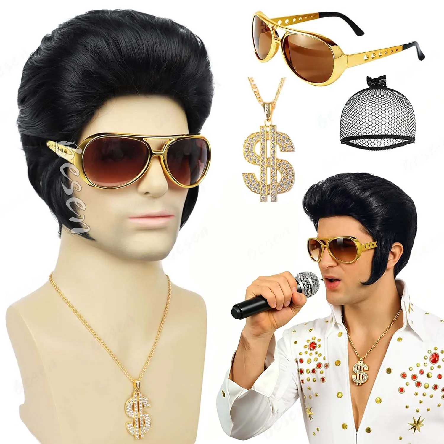 

Synthetic 50s Rock Wig+Sunglasses and Necklace for Mens Singer Rocker Costume 1950s Wig for Cosplay Halloween Party, Elvis Wig