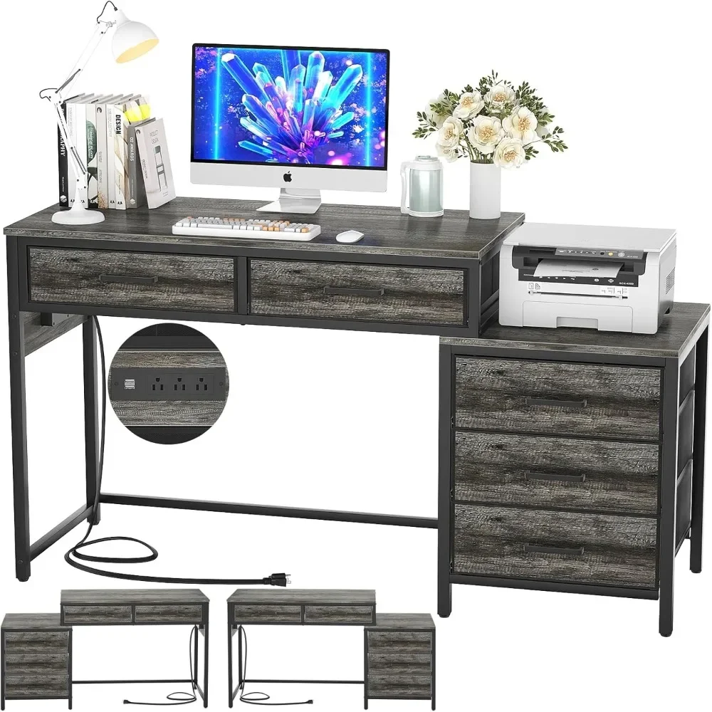 Computer Desk with 5 Drawers, Reversible Office Desk with Power Outlets and USB Charging Ports, Sturdy Writing Table