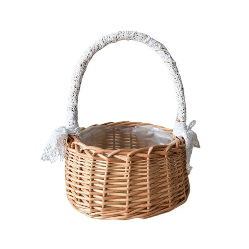 Wedding Woven Storage Basket with Handle and Ribbon Wicker Rattan Flower Basket for Wedding Birthday Party Home Garden Decor