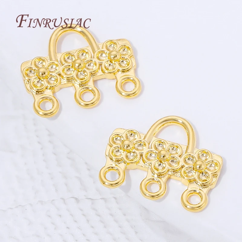 18K Gold Plated Flower Bag Shape 3-Loop Earring Connector Charm Brass DIY Jewelry Making Findings For Women Earrings view 4