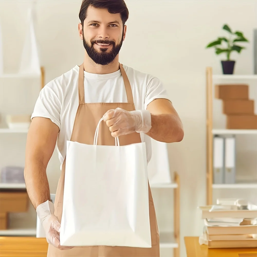 50 Piece White Kraft Paper Gift Bags With Handles - 8X5.2X3.2