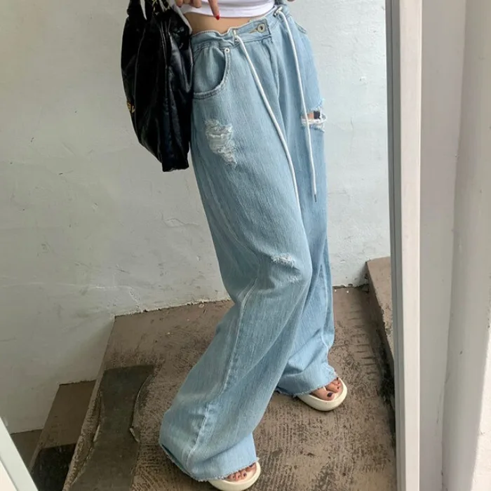 East Gate Jeans in denim sottile a vita alta Dstring Pantaloni lunghi larghi a gamba larga primavera autunno Faion Premium Quali da donna